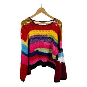 Handmade Multicolor Crochet Sweater Rainbow Striped Boho Knit Pullover
